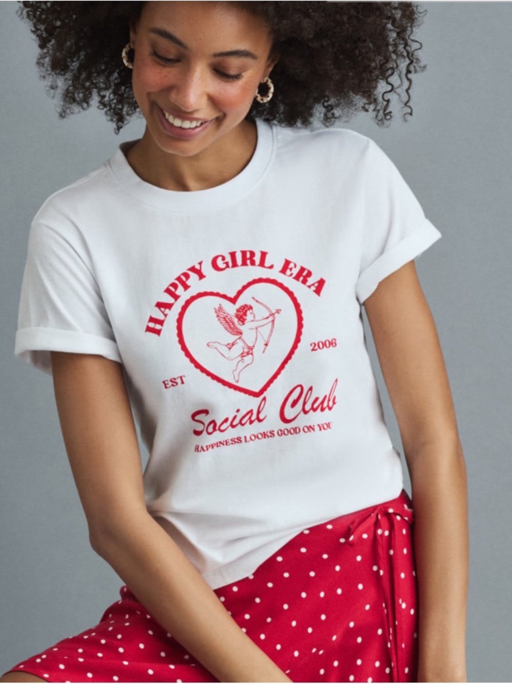 FRANCESCA’S Happy Girl Era White Tee with Red Graphic Size Medium New With Tags